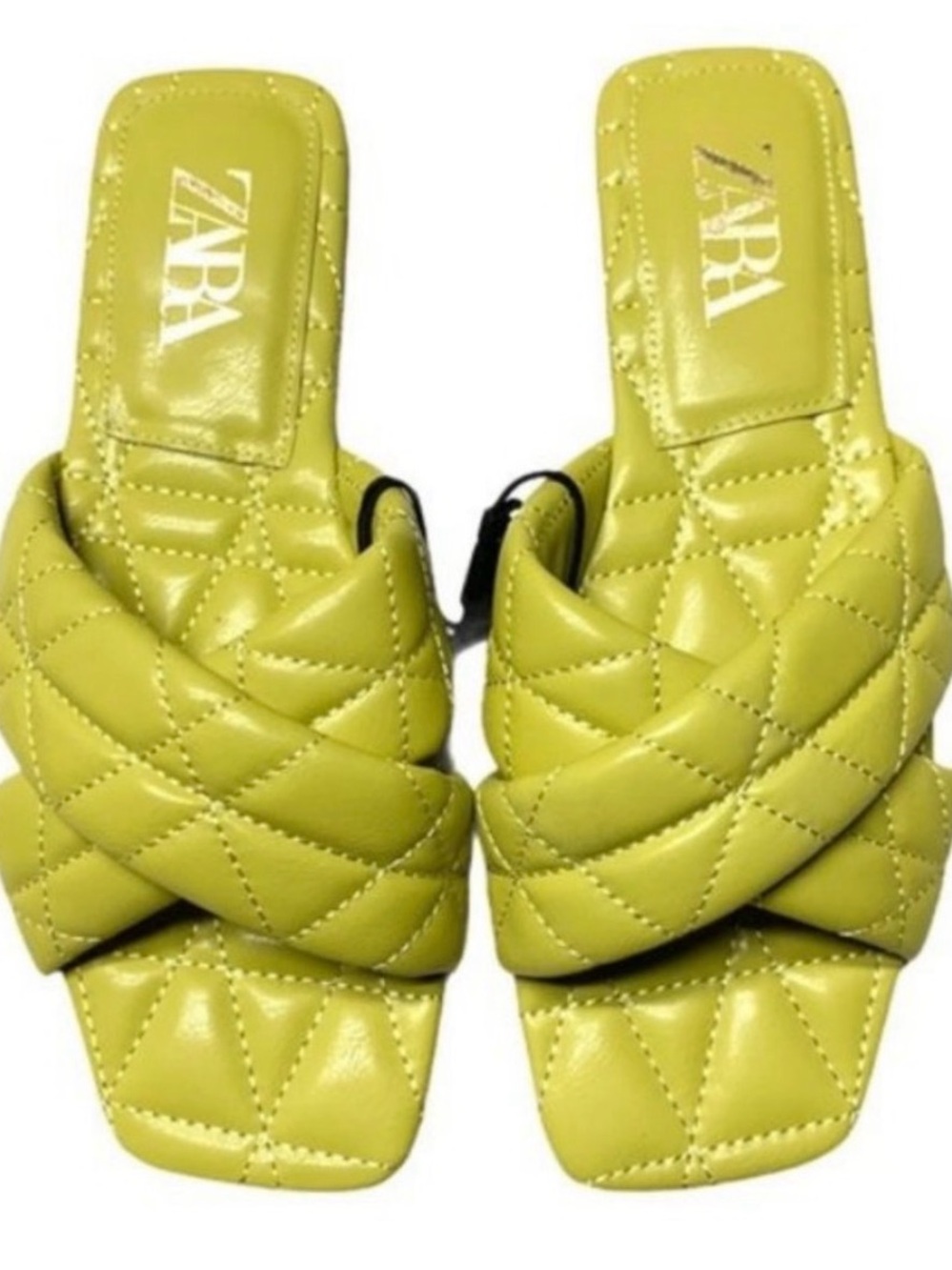 NEW ZARA Lime Quilted Slide Sandals - Women